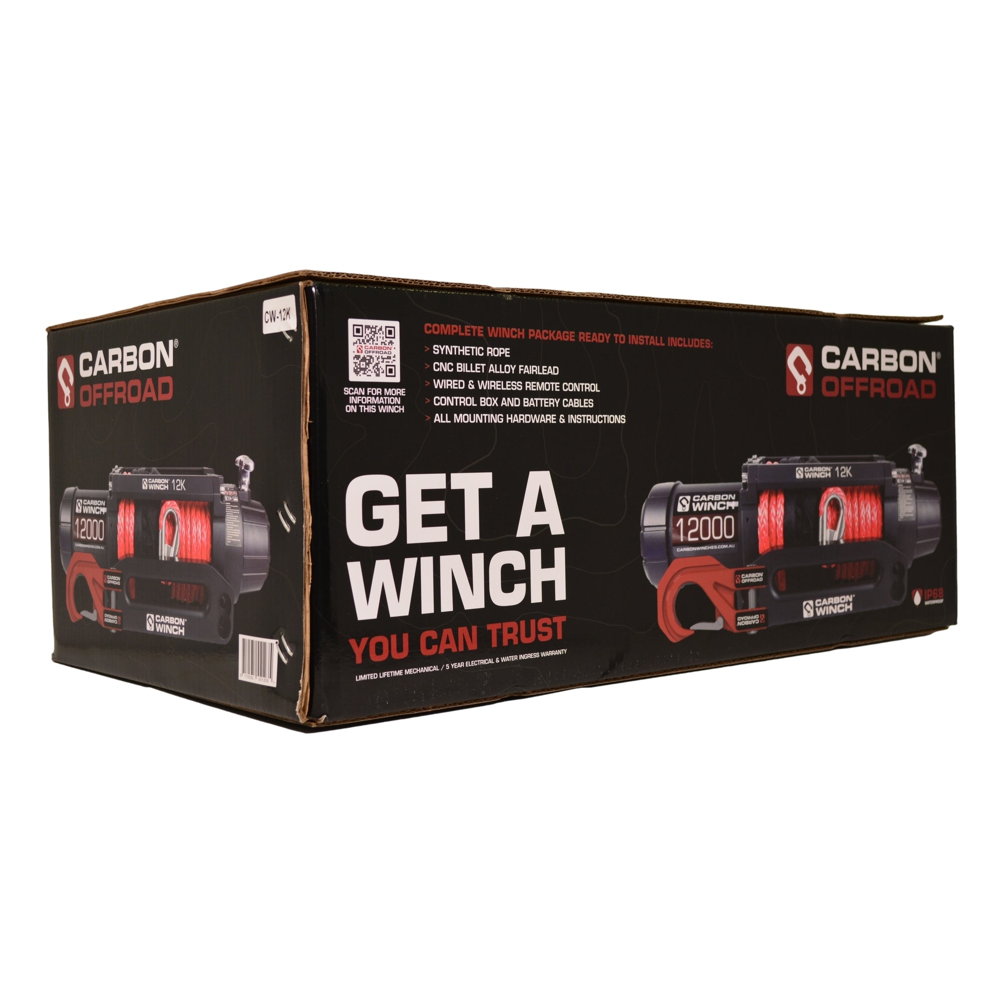 Carbon 12K VER.2 12000lb Electric Winch With Red Synthetic Rope and Hook